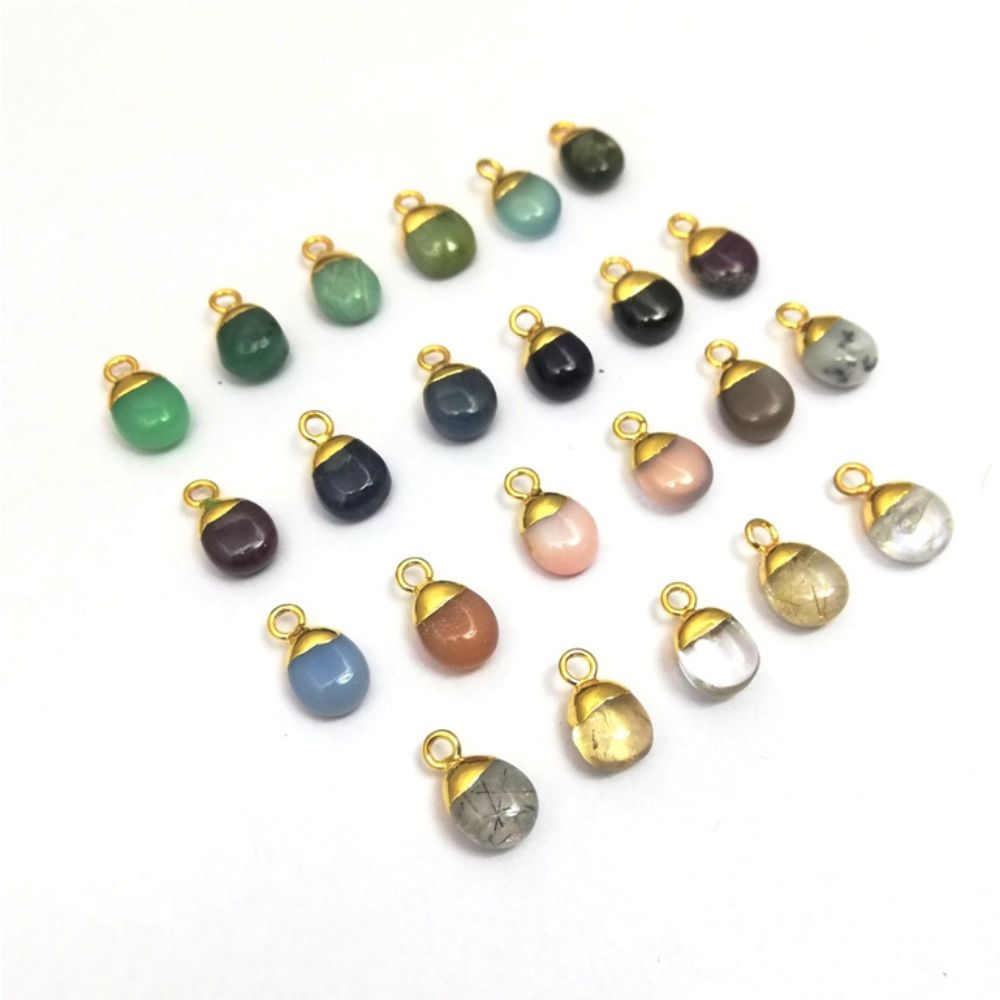 Semi Precious Multi Gemstone Handmade Tumble Pendant Gold Electroplated Birthstone Charms Minimalist Jewelry- Selling Per Piece