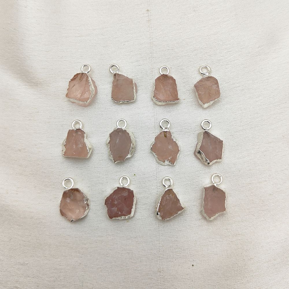 Silver-Plated Raw Rose Quartz Pendant Heart Chakra Crystal for Energy Healing & Handmade Necklaces- Selling Per Piece