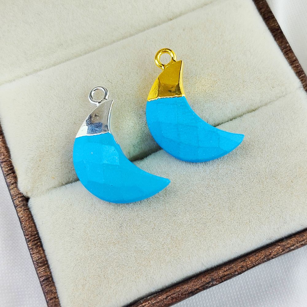 Crescent Moon Turquoise Gemstone Pendant – Gold or Silver Plated Cap for Crafting