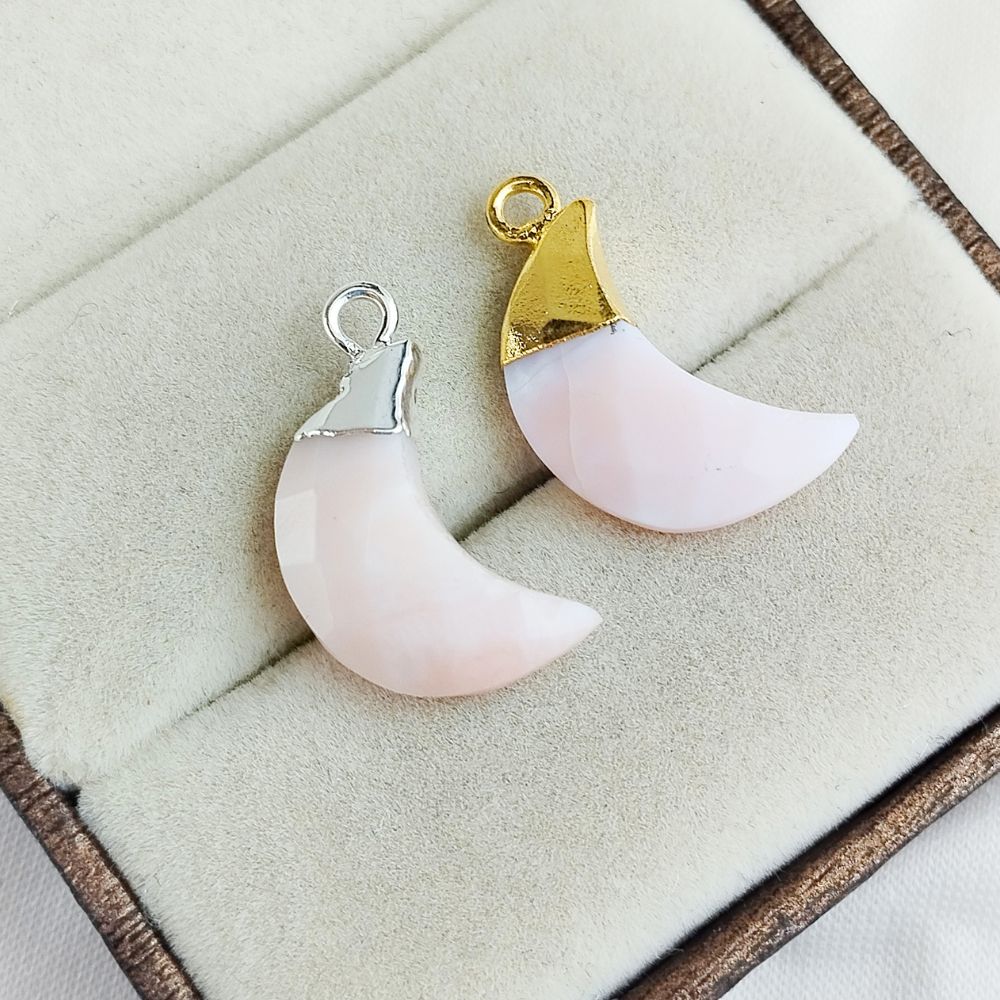 Pink Opal Moon Crystal Charm Crescent Shape Gemstone Jewelry with Gold or Silver Finish