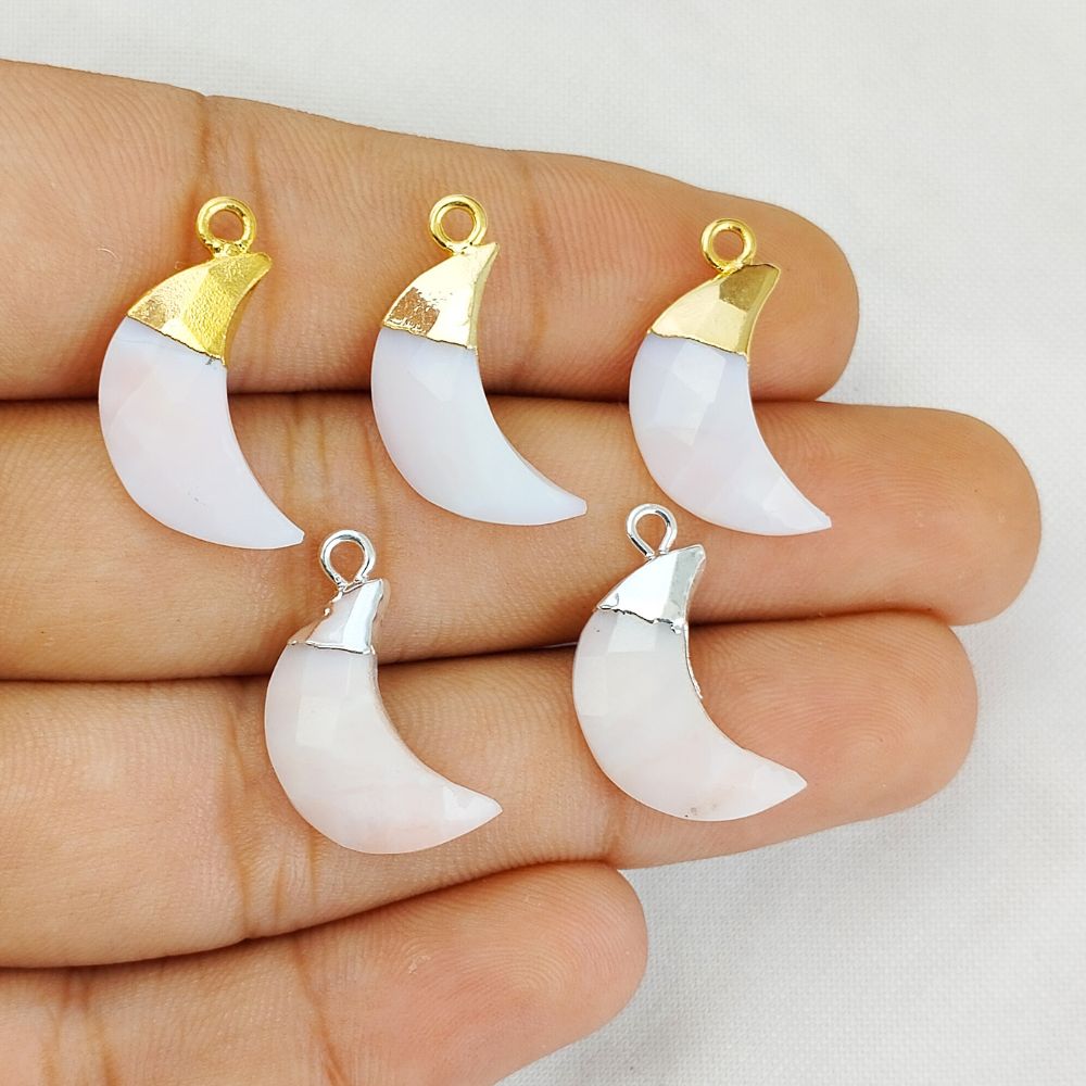 Pink Opal Moon Crystal Charm Crescent Shape Gemstone Jewelry with Gold or Silver Finish