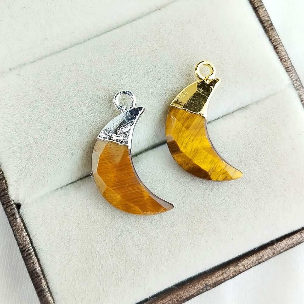Boho Crescent Tiger’s Eye Pendant – Gold or Silver Capped Crystal for Jewelry Crafting