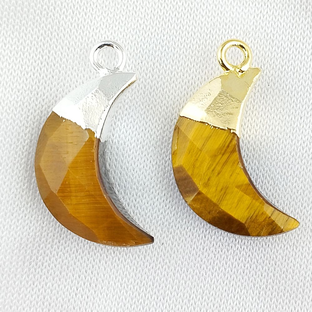 Tiger's Eye Crescent Moon Pendant Gold or Silver Capped Charm for Jewelry Making