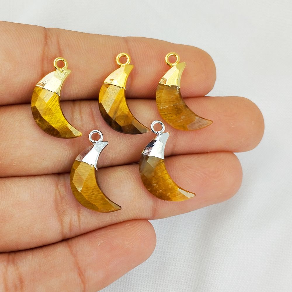 Tiger's Eye Crescent Moon Pendant Gold or Silver Capped Charm for Jewelry Making