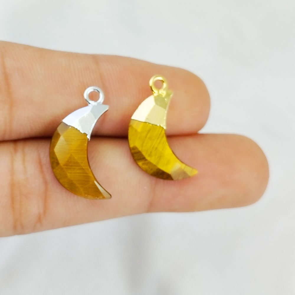 Tiger's Eye Crescent Moon Pendant Gold or Silver Capped Charm for Jewelry Making
