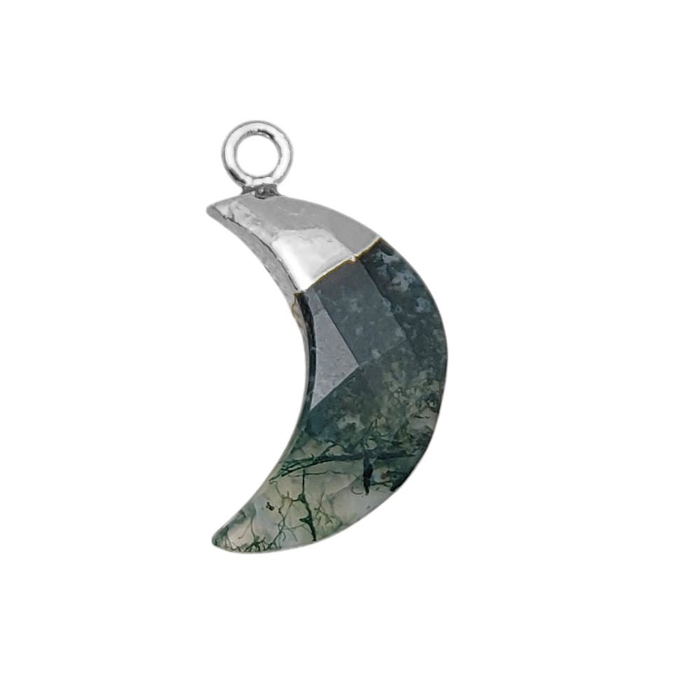 Moss Agate Crescent Moon Gemstone – Gold/Silver Cap Pendant for Jewelry Design