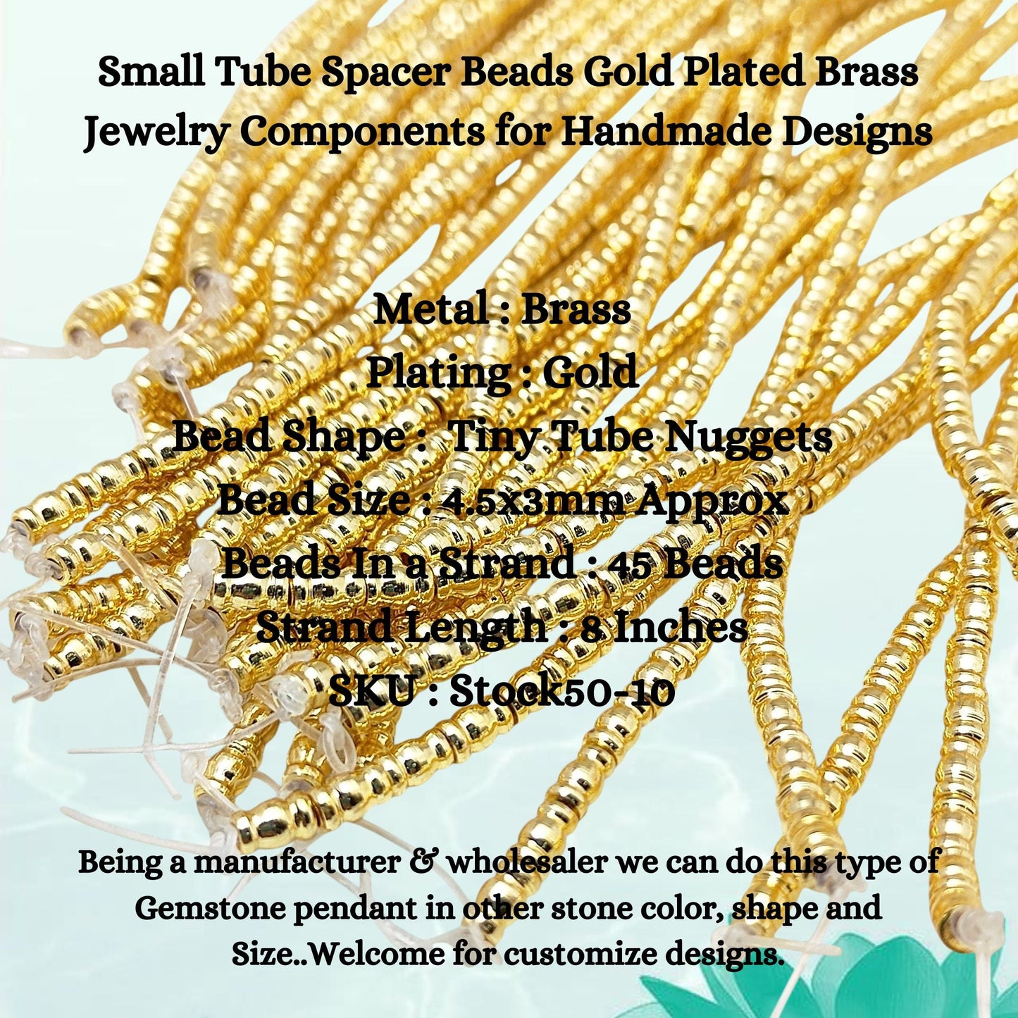 Close-up of gold plated brass small tube spacer beads