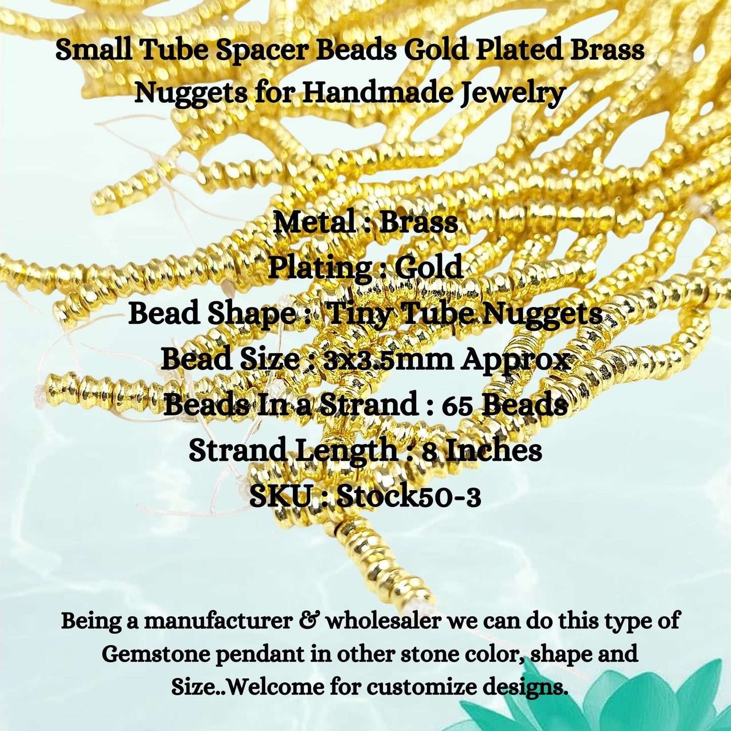 Close-up of gold plated brass small tube spacer beads
