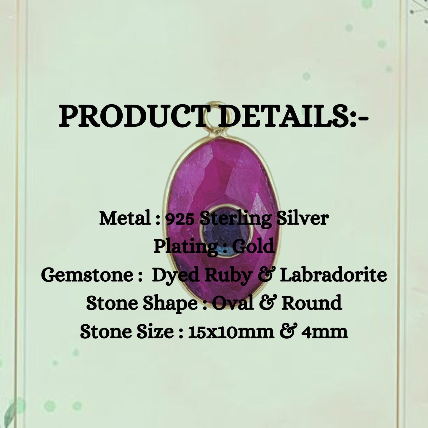 Gorgeous Dyed Ruby & Labradorite Oval Shape Charm Double Stone Bezel Set Birthstone Pendant in Gold-Plated Sterling Silver- Selling/Pcs