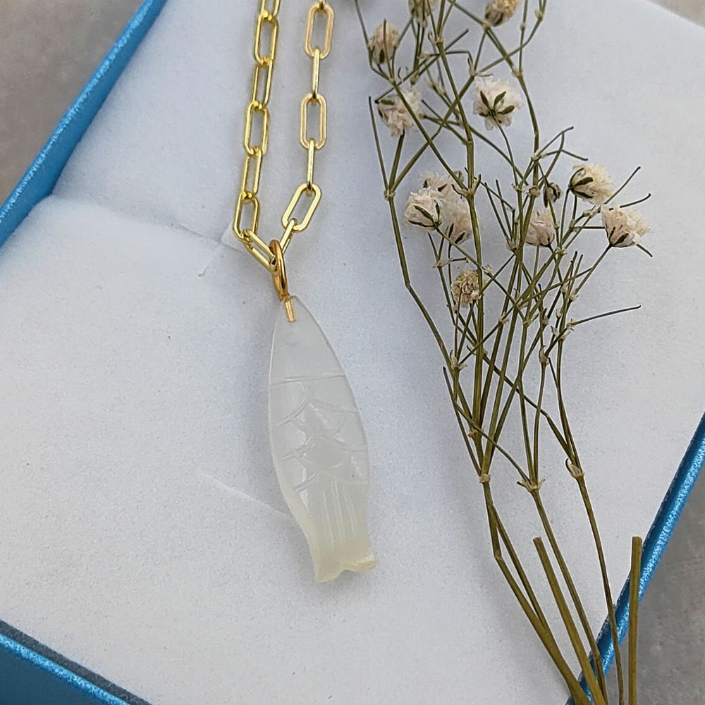 Spiritual White Moonstone Carved Fish Necklace Healing Crystal Pendant in Boho Gold Plate Chain- Selling Per Piece