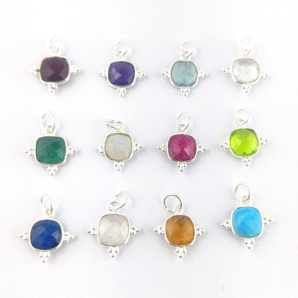 Square All Birthstone Charm in 925 Sterling Silver 8mm Handmade Gemstone Pendant for Jewelry Making- Selling Per Piece