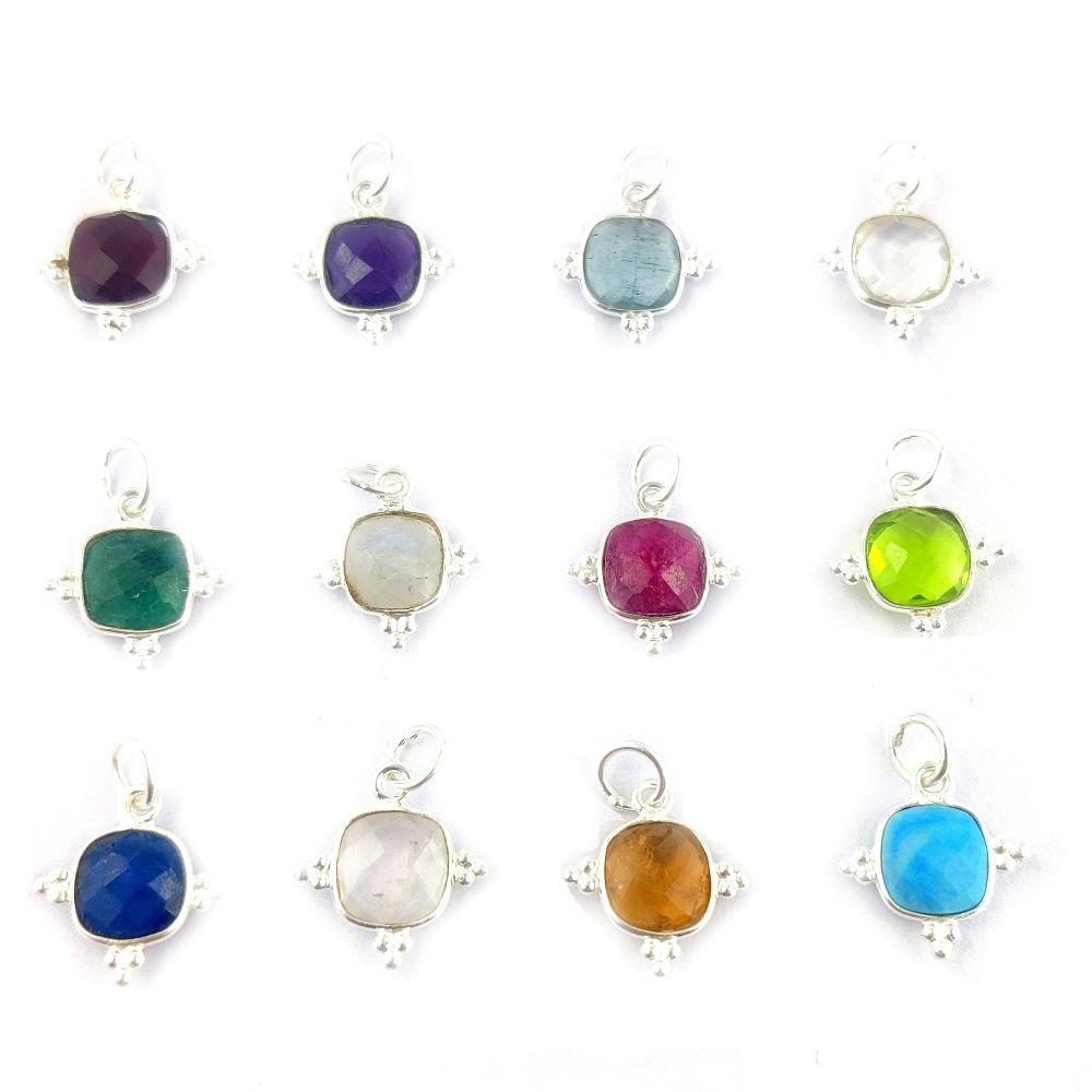 Square All Birthstone Charm in 925 Sterling Silver 8mm Handmade Gemstone Pendant for Jewelry Making- Selling Per Piece