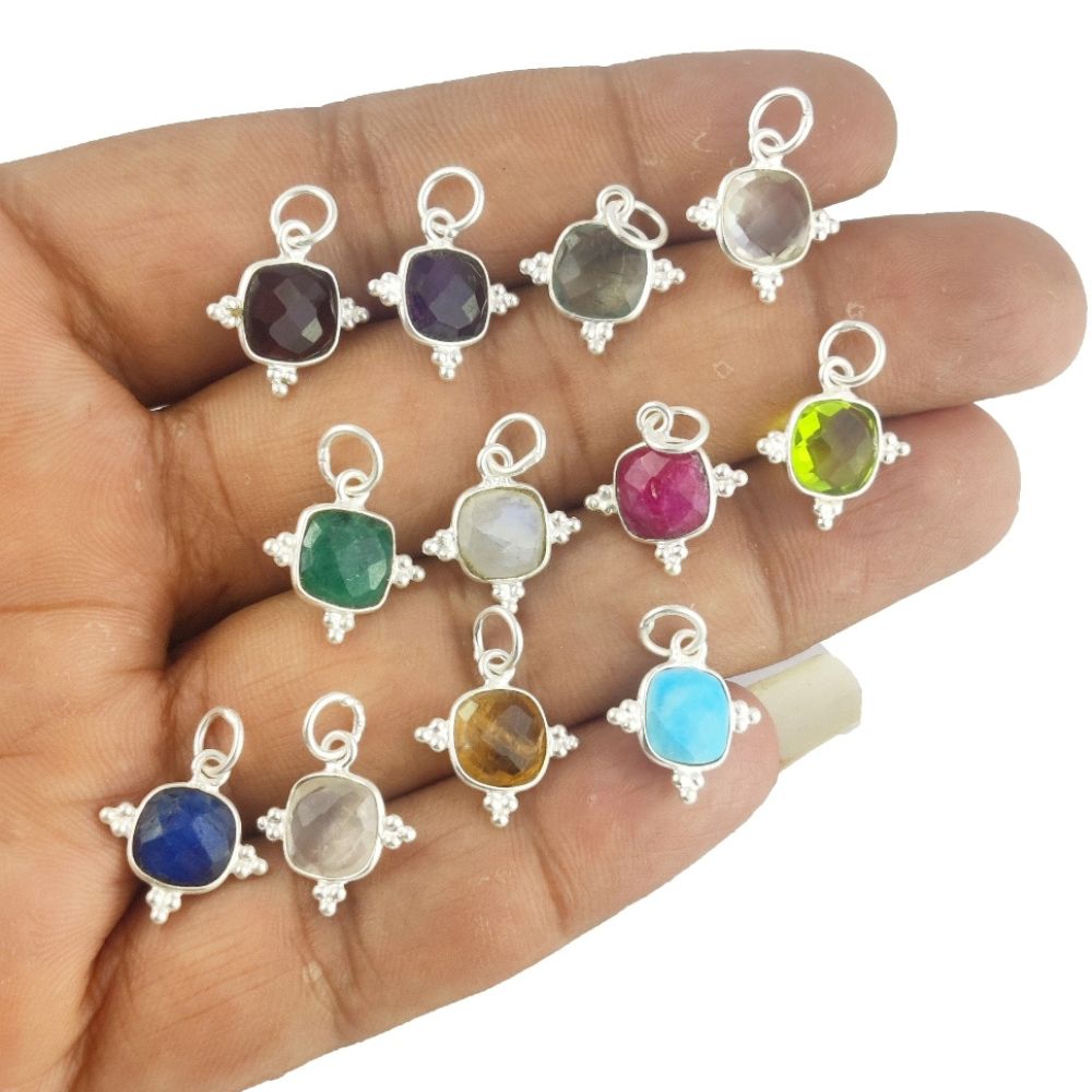 Square All Birthstone Charm in 925 Sterling Silver 8mm Handmade Gemstone Pendant for Jewelry Making- Selling Per Piece