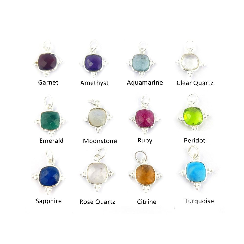 925 Sterling Silver Birthstone Charm – 8mm Square Handmade Pendant
