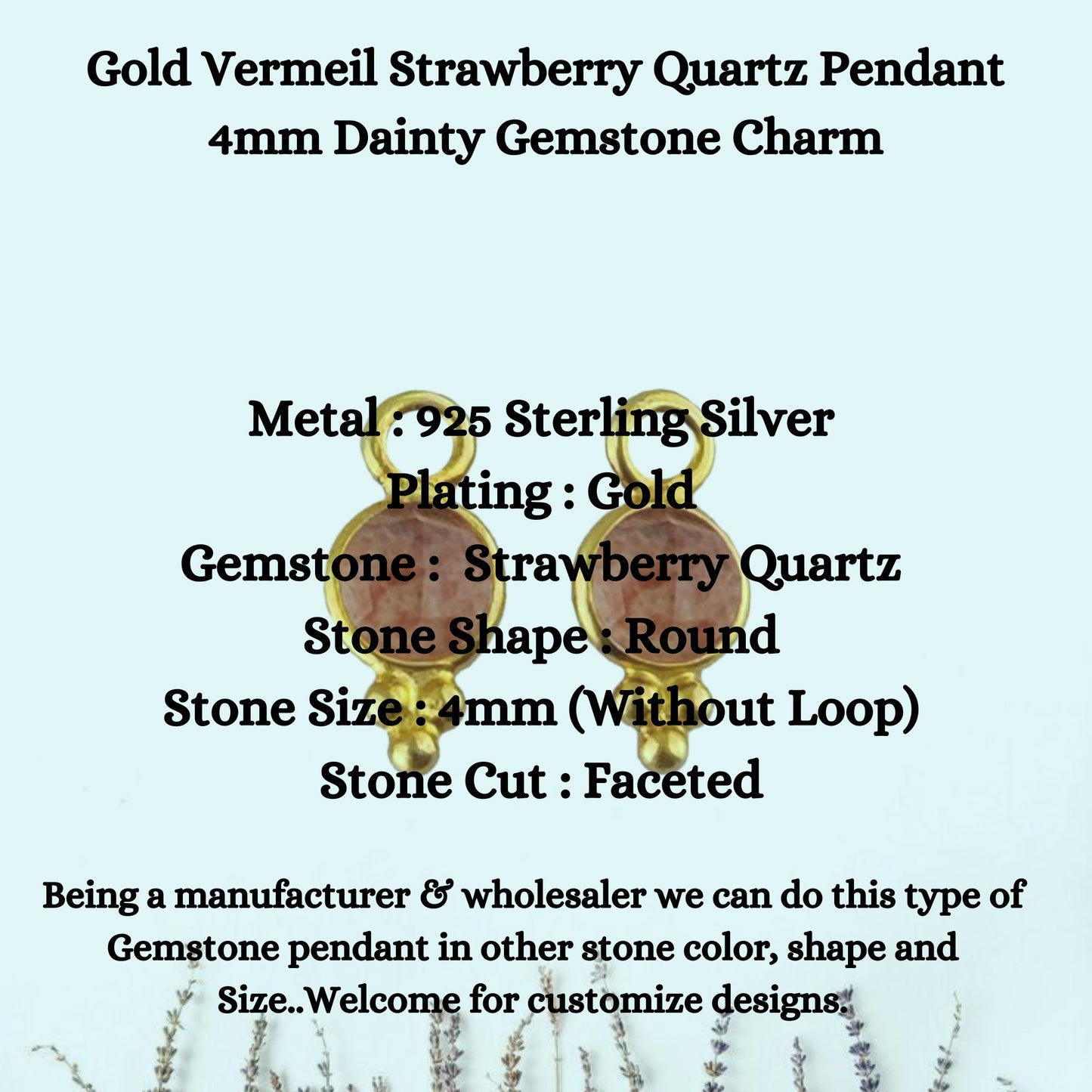 Gold Vermeil Strawberry Quartz Pendant 4mm Dainty Gemstone Charm