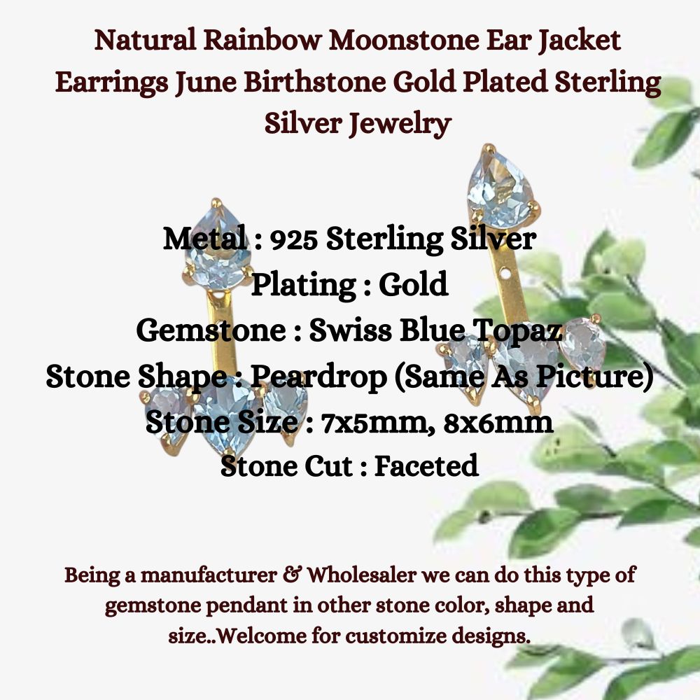 Pear Shape Natural Swiss Blue Topaz Ear Jacket Gold Plated Sterling Silver Birthstone Handmade Earrings Jewelry- Selling Per Pair