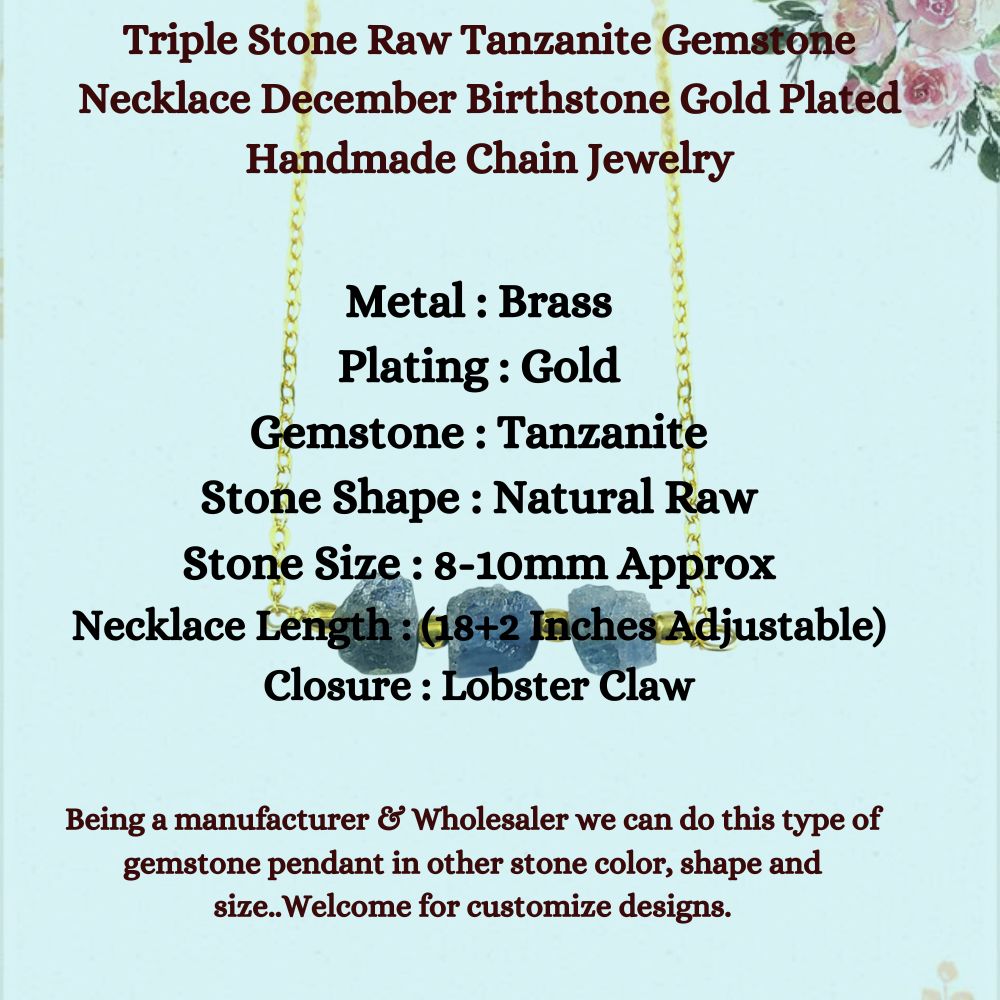 Triple Stone Raw Tanzanite Gemstone Necklace December Birthstone Gold Plated Handmade Chain Jewelry for Gift- Selling Per Piece