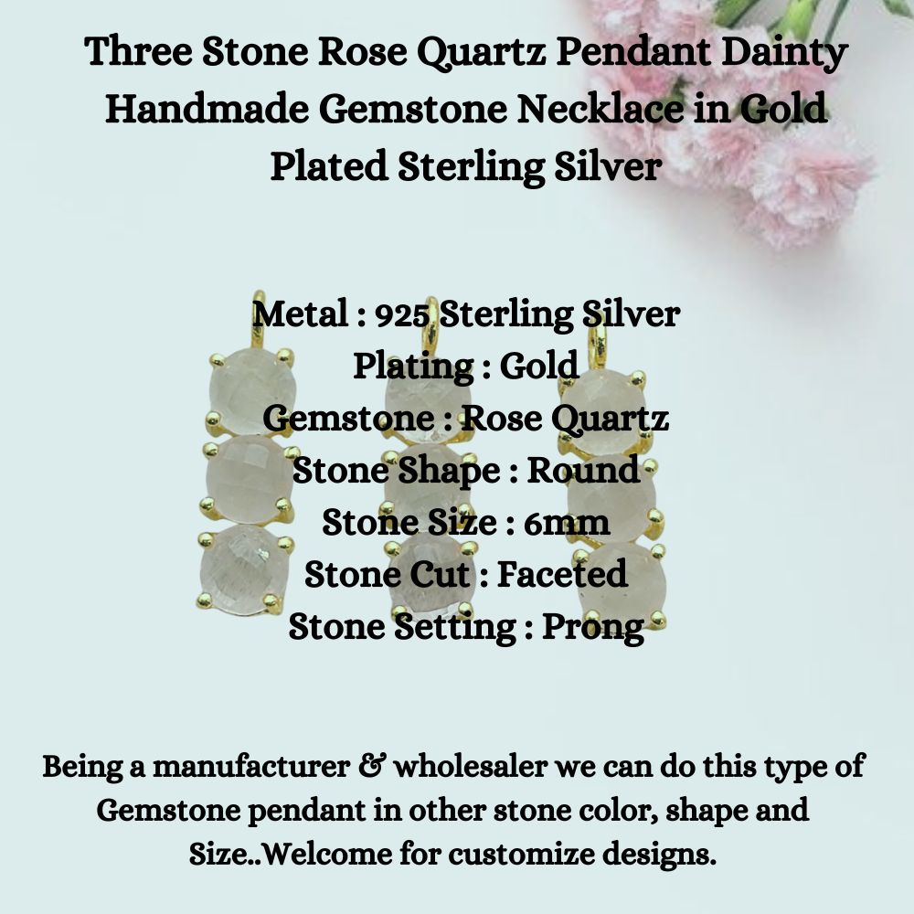 Handmade three-stone rose quartz necklace in gold finish