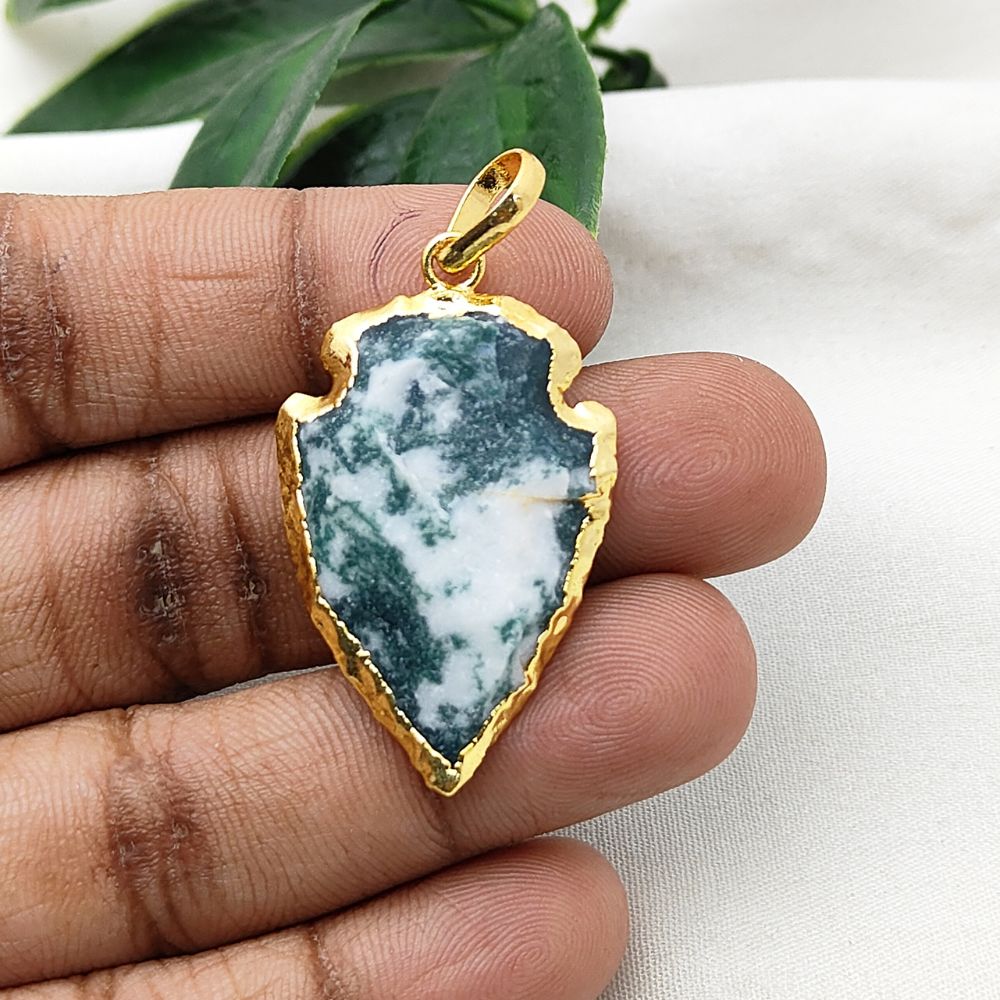 Tree Agate Tribal Style Pendant, Gold/Silver Electroplated Arrowhead Charm for Handmade Boho Jewelry Projects – Selling Per Piece