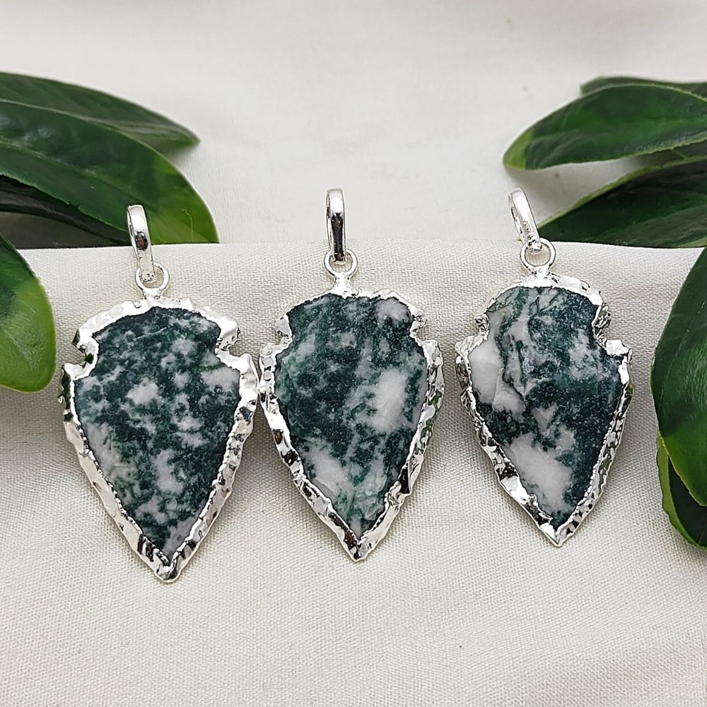 Tree Agate Tribal Style Pendant, Gold/Silver Electroplated Arrowhead Charm for Handmade Boho Jewelry Projects – Selling Per Piece