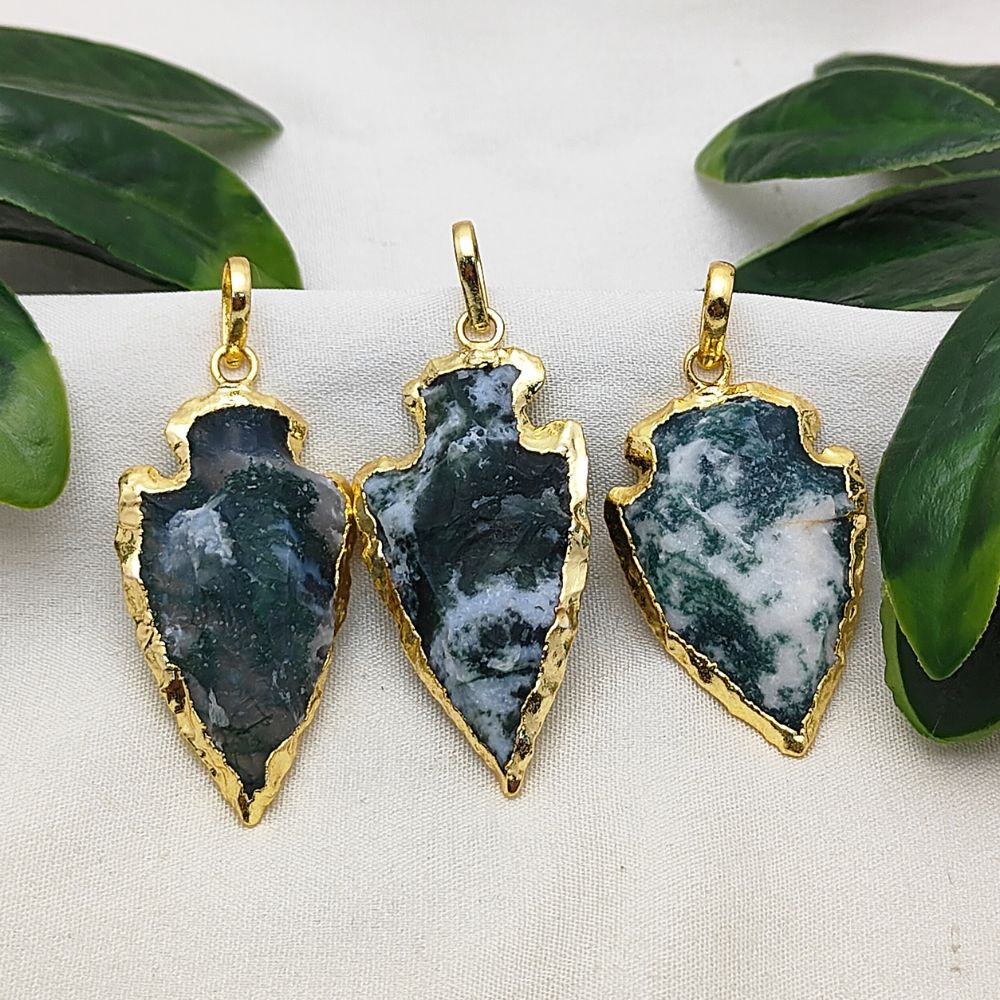 Tree Agate Tribal Style Pendant, Gold/Silver Electroplated Arrowhead Charm for Handmade Boho Jewelry Projects – Selling Per Piece