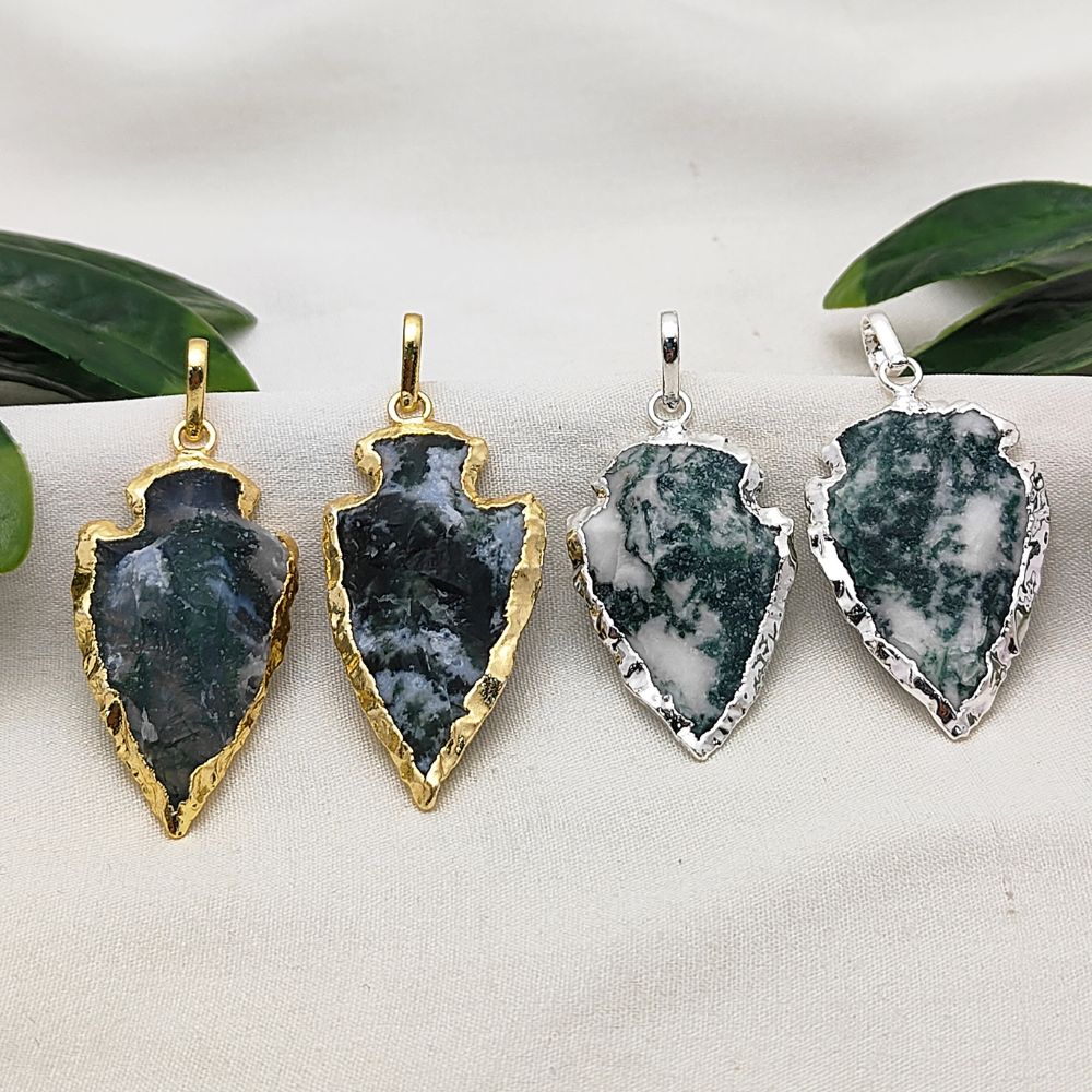 Tree Agate Tribal Style Pendant, Gold/Silver Electroplated Arrowhead Charm for Handmade Boho Jewelry Projects – Selling Per Piece