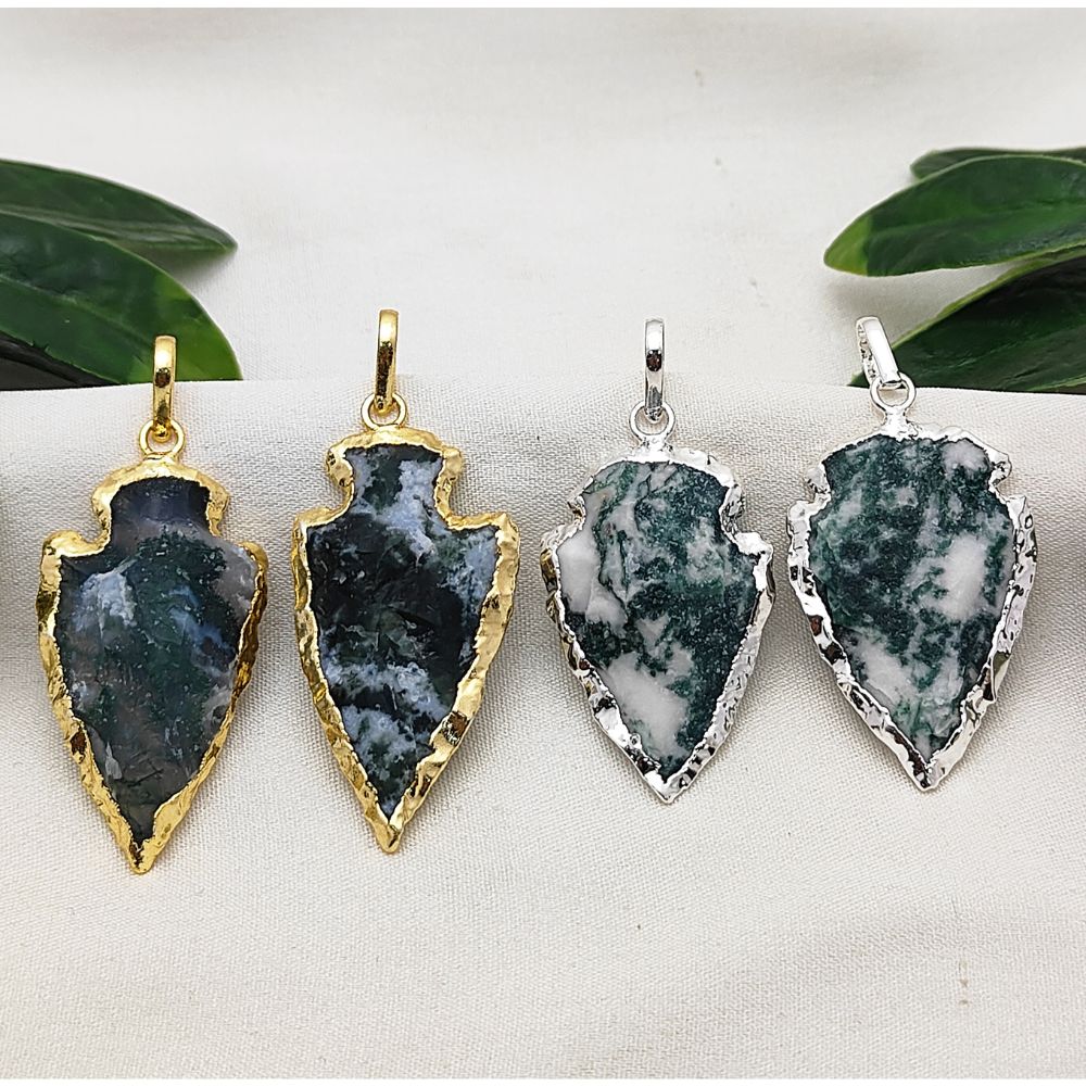 Tree Agate Tribal Style Pendant, Gold/Silver Electroplated Arrowhead Charm for Handmade Boho Jewelry Projects – Selling Per Piece