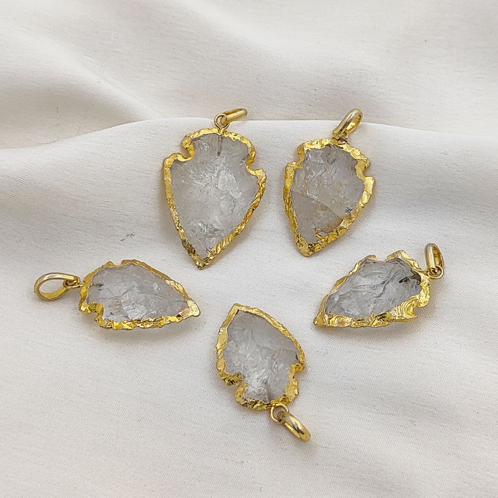 Tribal Style Clear Quartz Arrowhead Pendant Gold Electroplated Gemstone Charm for Boho Jewelry Making- Selling Per Piece