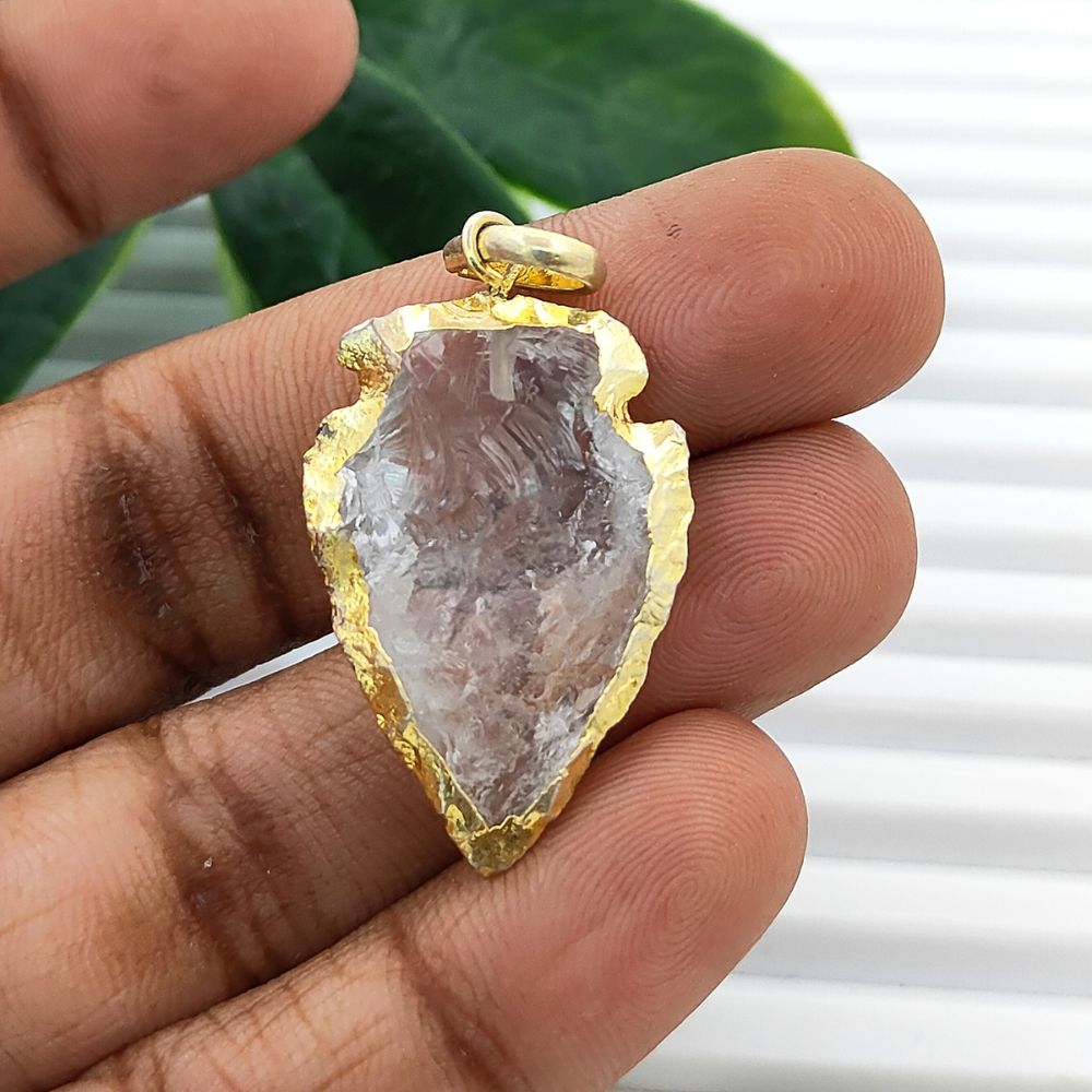 Tribal Style Clear Quartz Arrowhead Pendant Gold Electroplated Gemstone Charm for Boho Jewelry Making- Selling Per Piece
