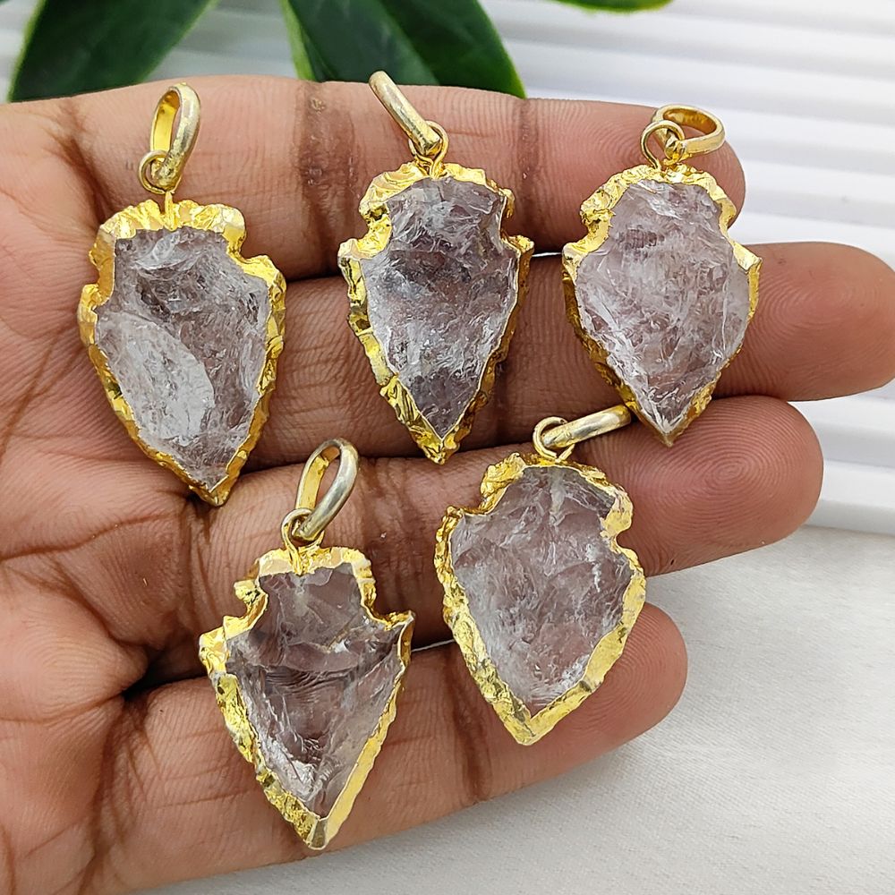 Tribal Style Clear Quartz Arrowhead Pendant Gold Electroplated Gemstone Charm for Boho Jewelry Making- Selling Per Piece