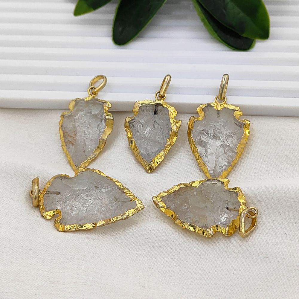 Tribal Style Clear Quartz Arrowhead Pendant Gold Electroplated Gemstone Charm for Boho Jewelry Making- Selling Per Piece