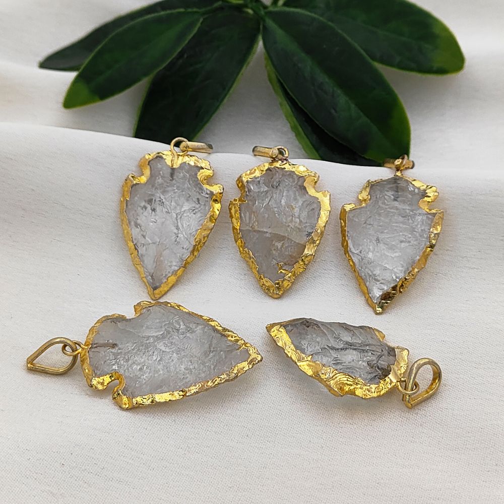 Tribal Style Clear Quartz Arrowhead Pendant Gold Electroplated Gemstone Charm for Boho Jewelry Making- Selling Per Piece