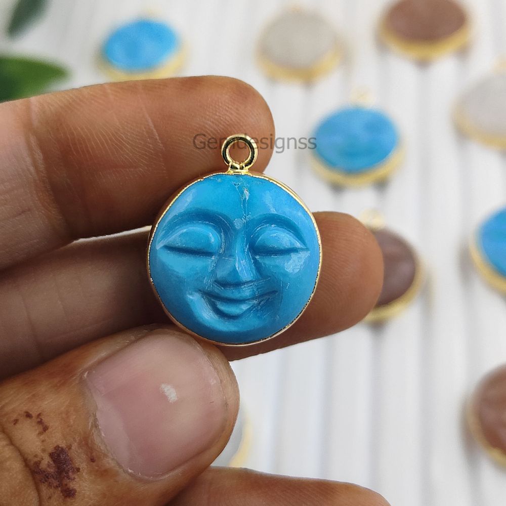 Unique Healing Jewelry Hand Carved Moon Face Multi Gemstone Pendant With Gold Electroplated- Selling Per Piece