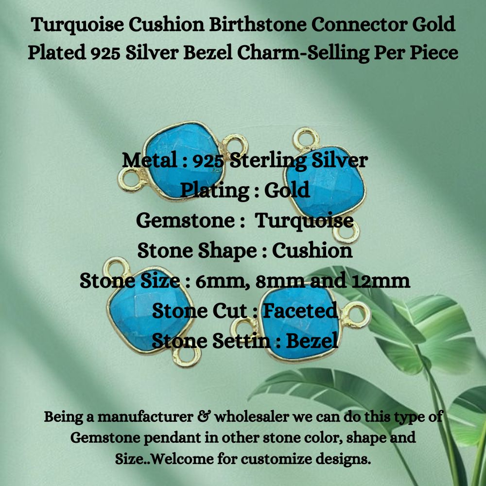 Faceted turquoise gemstone bezel charm handmade gold plated silver connector