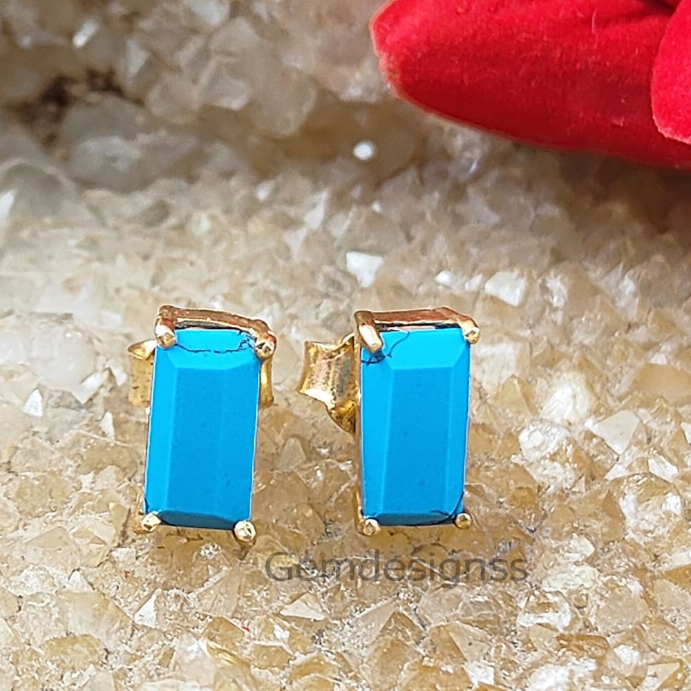 Handmade Multi-Gemstone Studs Gold Vermeil Prong Set Baguette Shape Stud Earrings with Push Back- Selling Per Pair