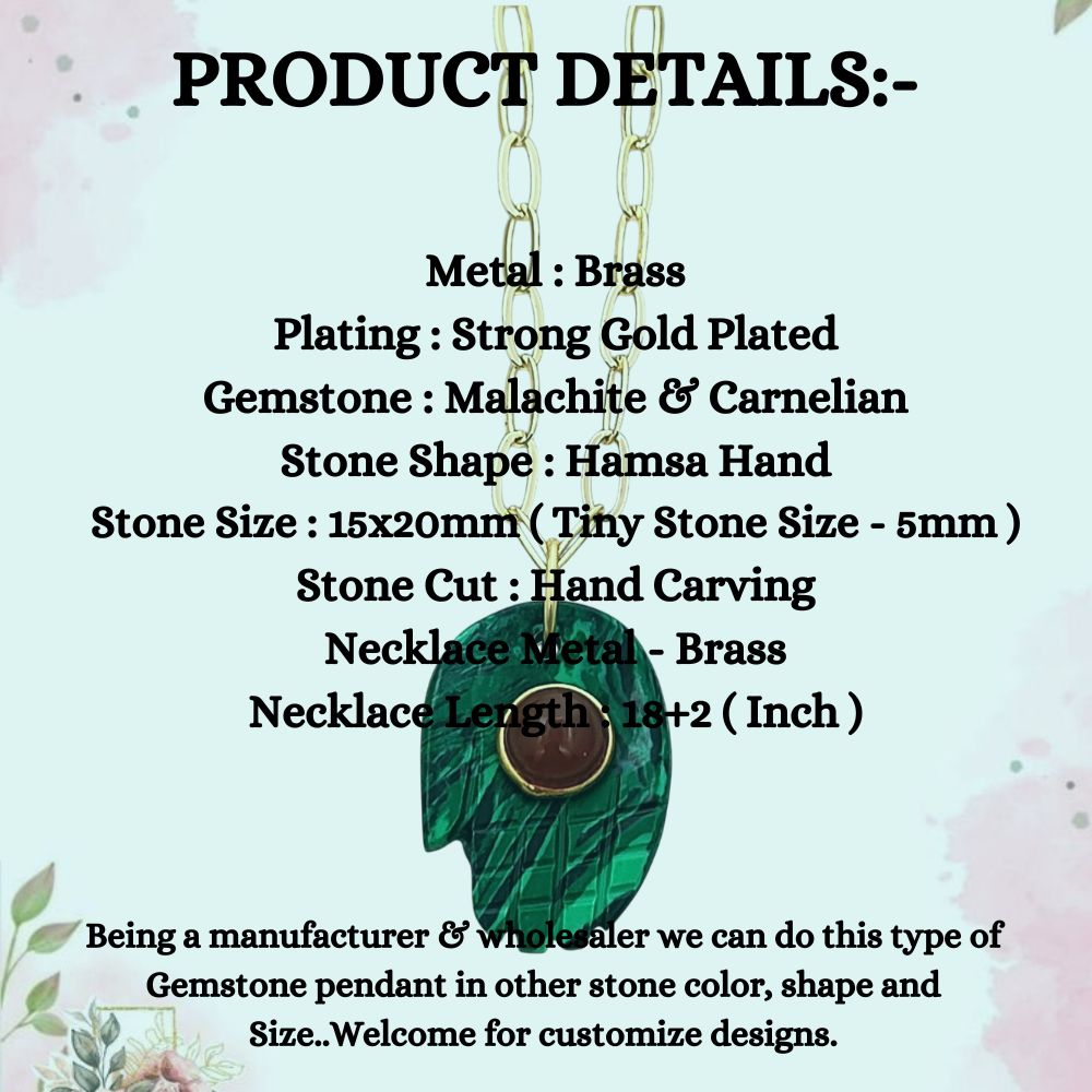 Unique Bohemian Hamsa Hand Malachite Necklace Gold Plated Paperclip Chain Jewelry for Women- Selling Per Piece
