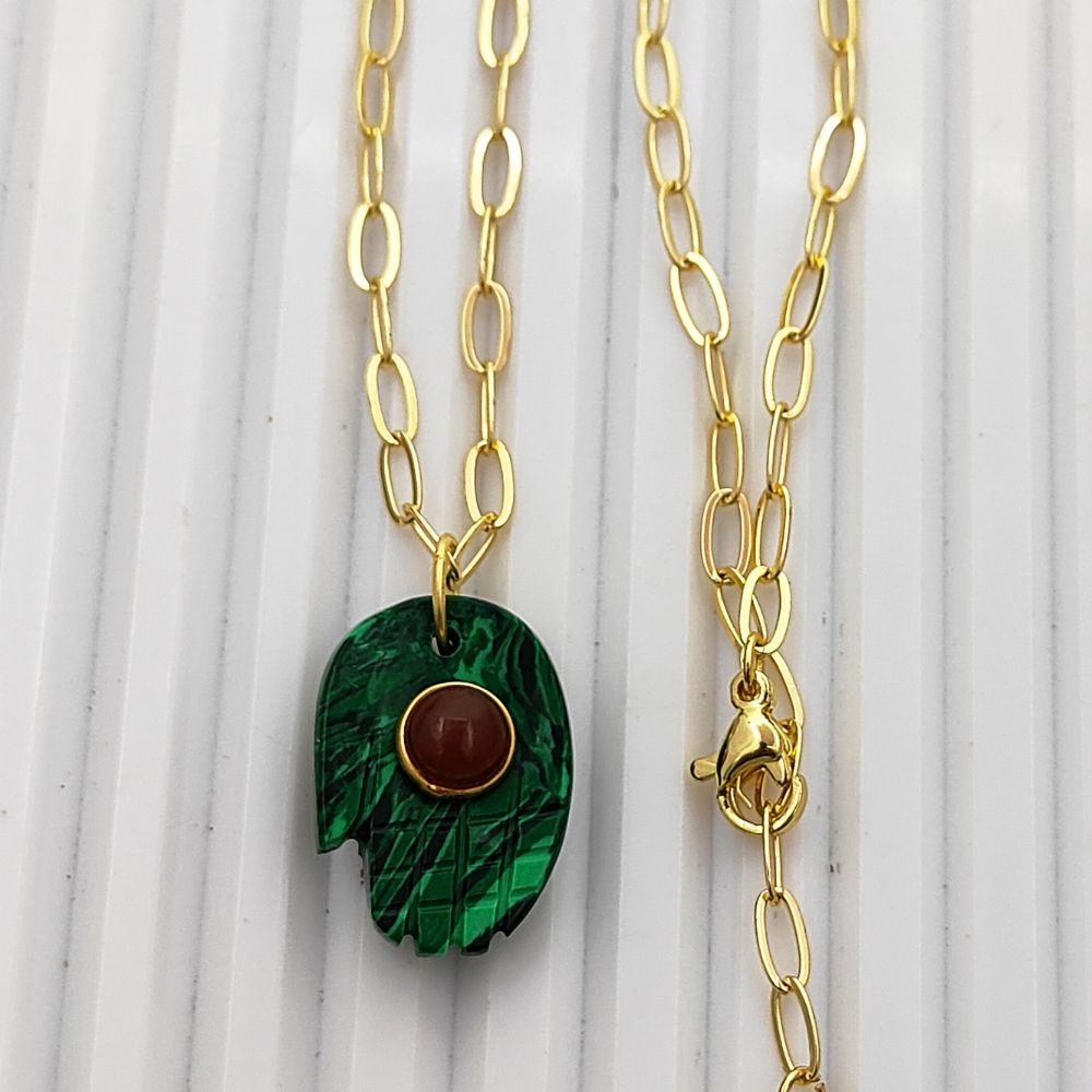 Unique Bohemian Hamsa Hand Malachite Necklace Gold Plated Paperclip Chain Jewelry for Women- Selling Per Piece