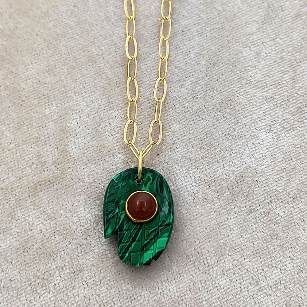 Unique Bohemian Hamsa Hand Malachite Necklace Gold Plated Paperclip Chain Jewelry for Women- Selling Per Piece