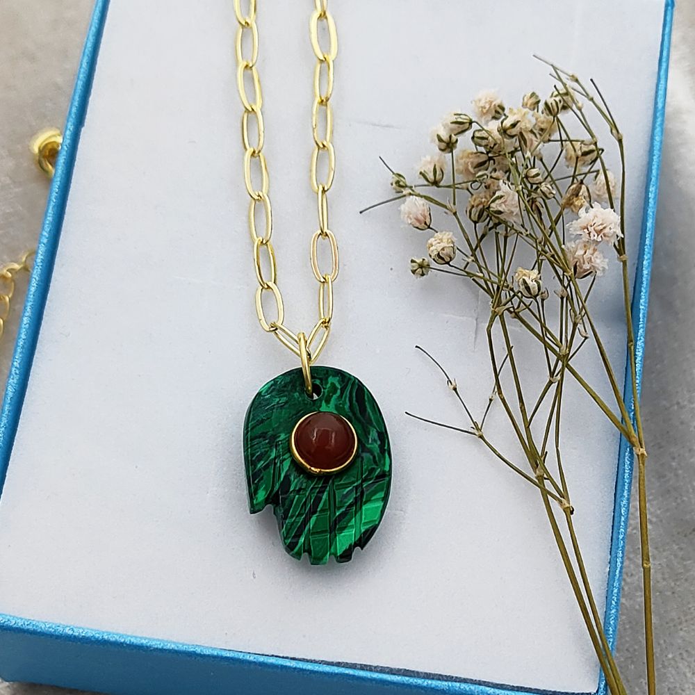 Unique Bohemian Hamsa Hand Malachite Necklace Gold Plated Paperclip Chain Jewelry for Women- Selling Per Piece