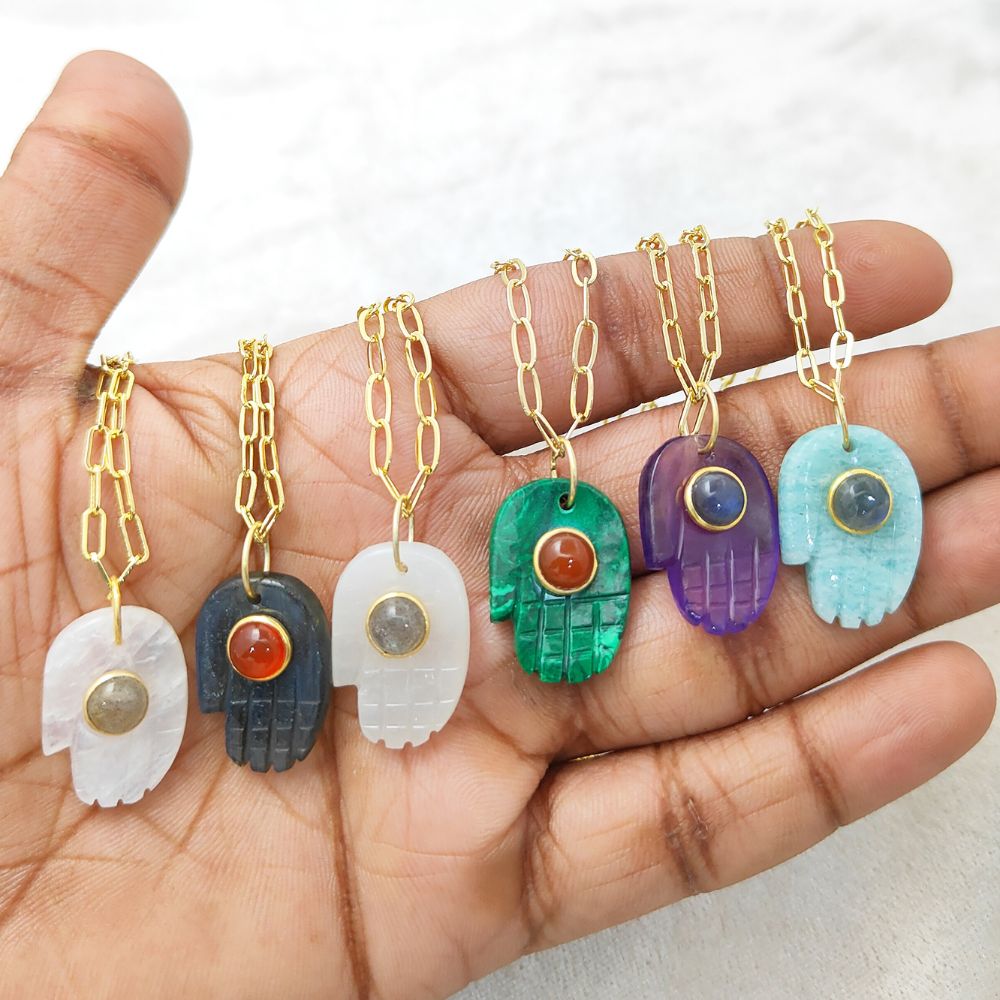 Unique Bohemian Hamsa Hand Malachite Necklace Gold Plated Paperclip Chain Jewelry for Women- Selling Per Piece