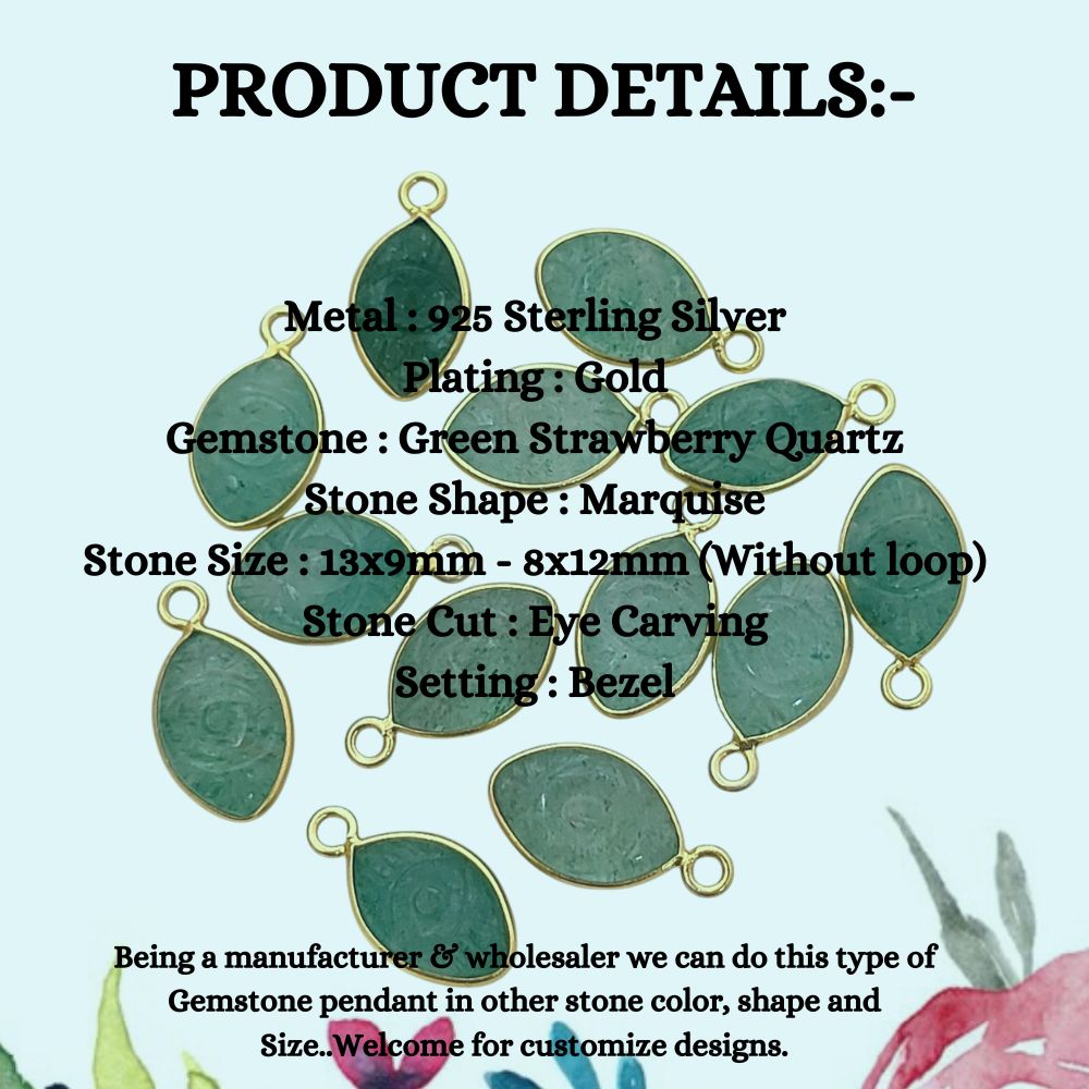 Unique Green Strawberry Quartz Evil Eye Pendant Handmade Gold Plated Sterling Silver Jewelry- Selling Per Piece