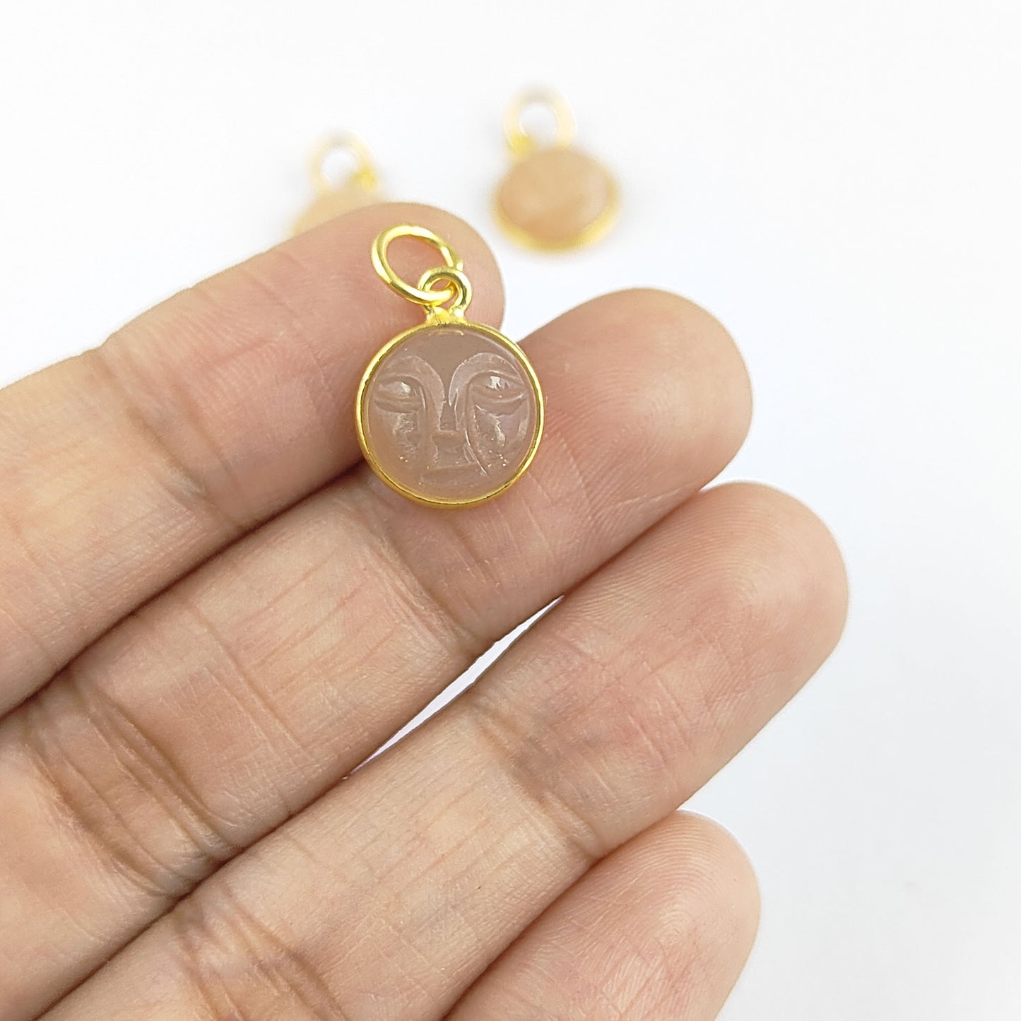 Gold Plated 925 Sterling Silver Peach Moonstone Moon Face Pendant Handmade Celestial Crystal Necklace Jewelry – Selling Per Piece