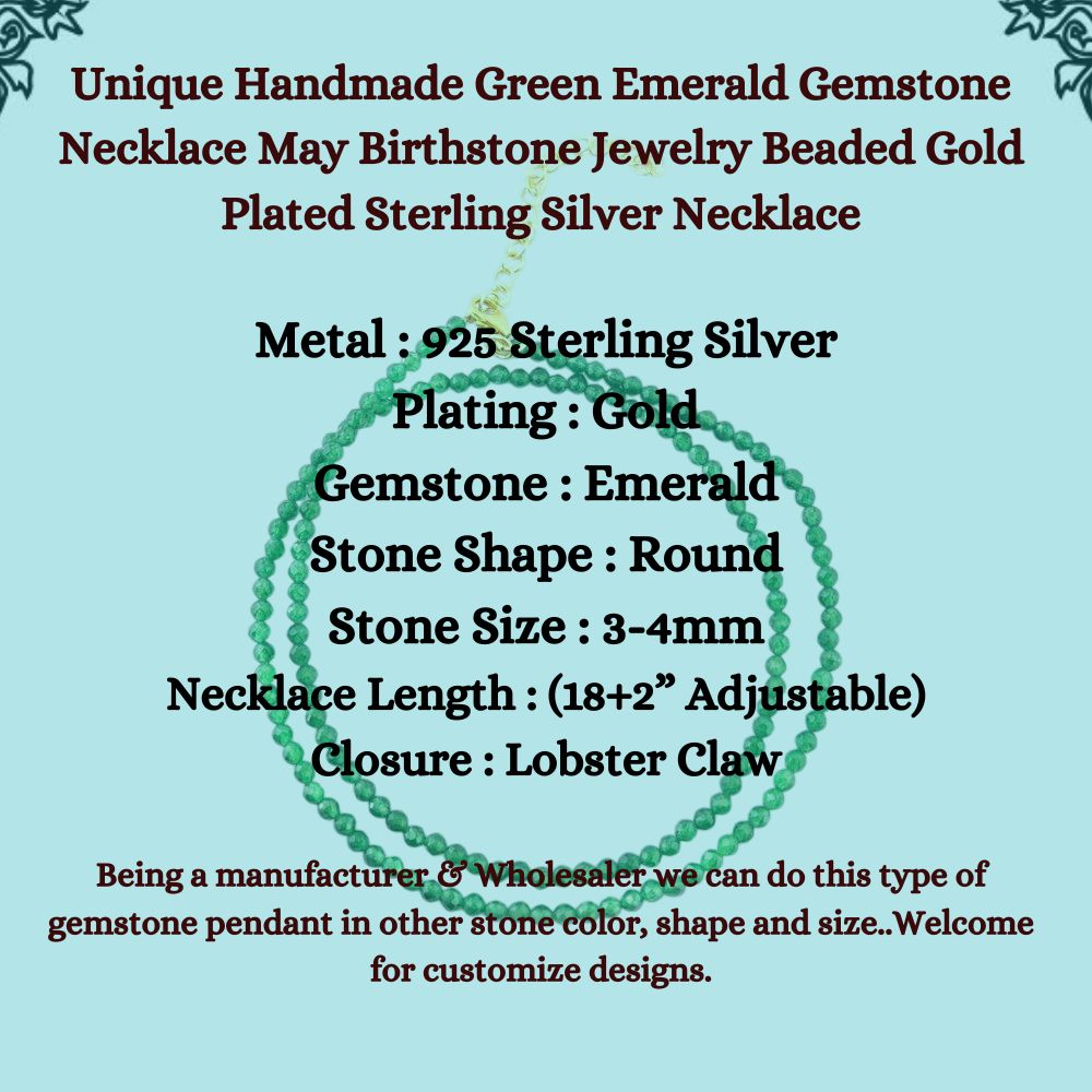 Unique Handmade Green Emerald Gemstone Necklace May Birthstone Jewelry Beaded Gold Plated Sterling Silver Necklace (Adjustable 18+2 Inch Chain) – Selling/Piece