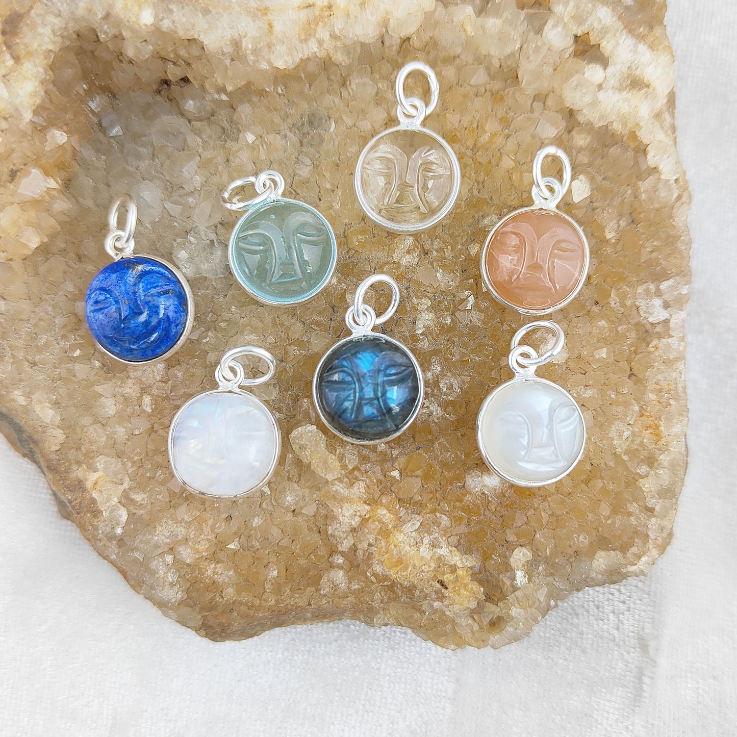 Unique Multi-Gemstone Moon Face Pendant Handmade Gold Plated Sterling Silver Necklace Charm- Selling Per Piece