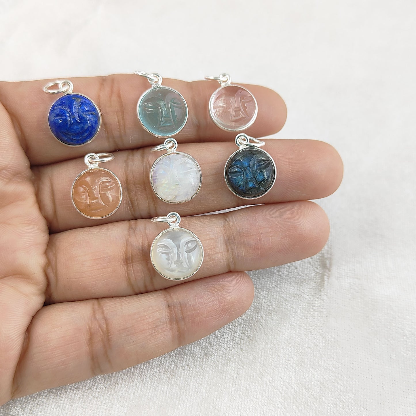 Unique Multi-Gemstone Moon Face Pendant Handmade Gold Plated Sterling Silver Necklace Charm- Selling Per Piece