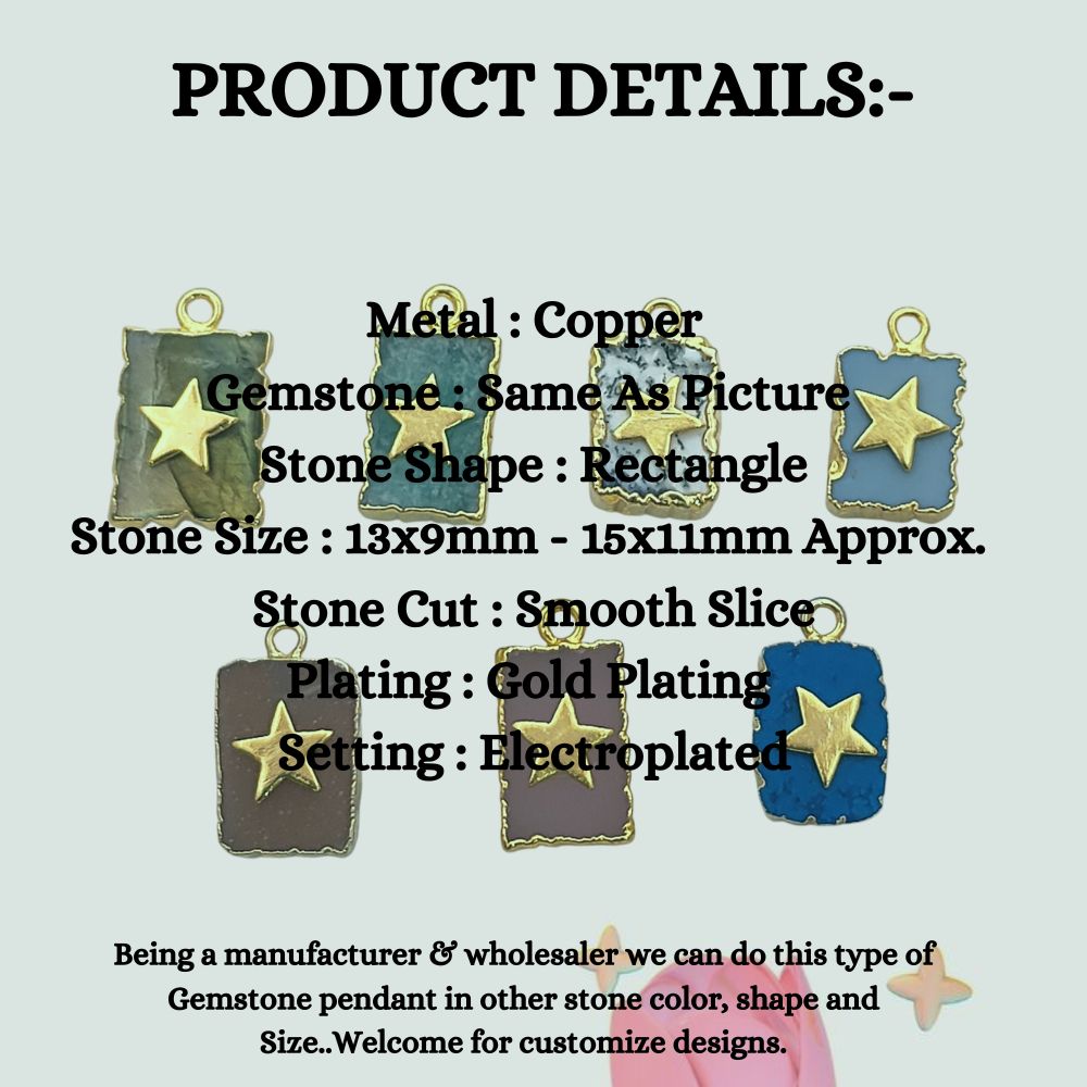 Gold plated gemstone rectangle pendant with star for DIY jewelry making