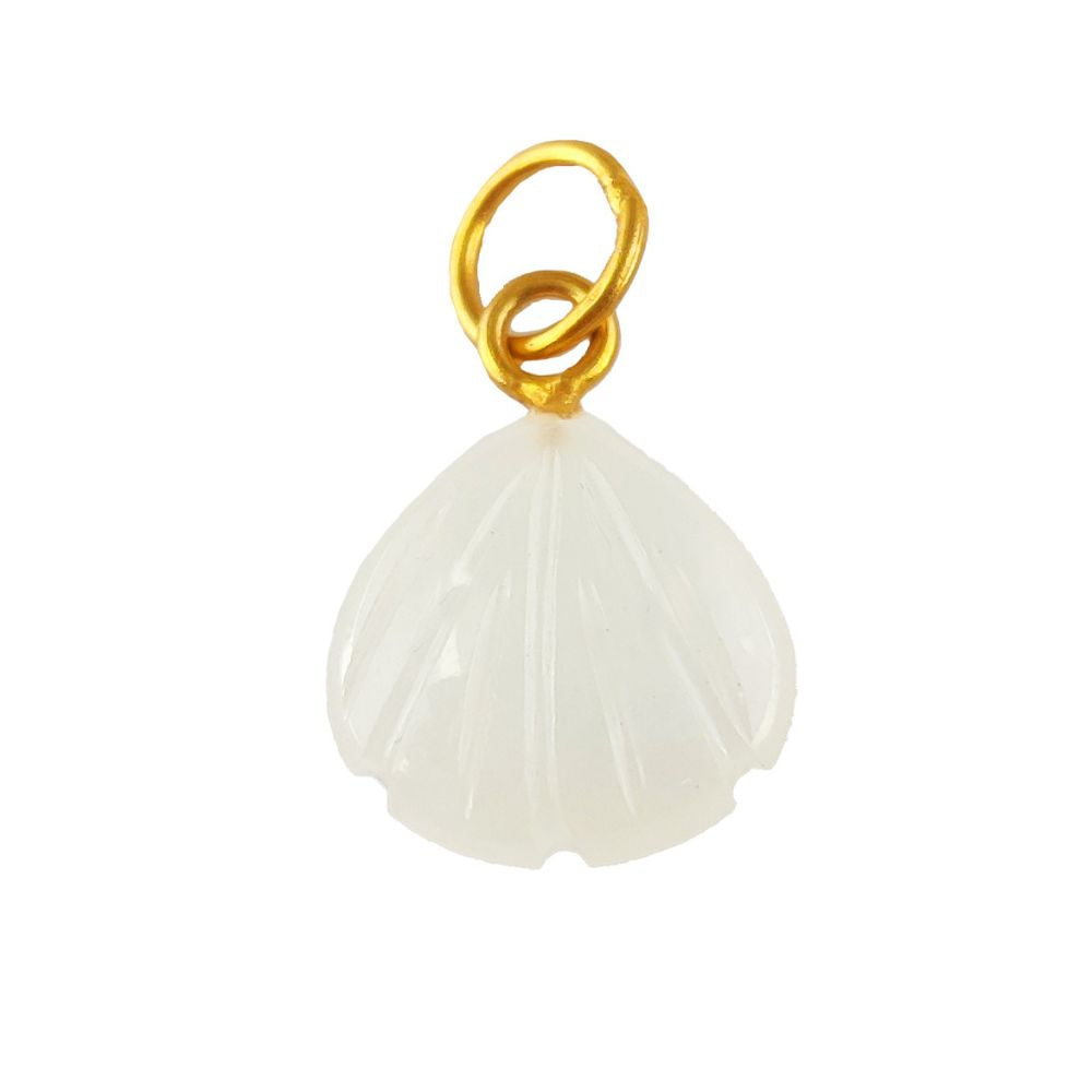 Handmade seashell carved pendant featuring a white moonstone gemstone, set in gold-plated sterling silver heart shape.