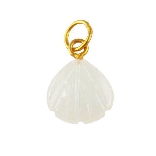 Handmade seashell carved pendant featuring a white moonstone gemstone, set in gold-plated sterling silver heart shape.