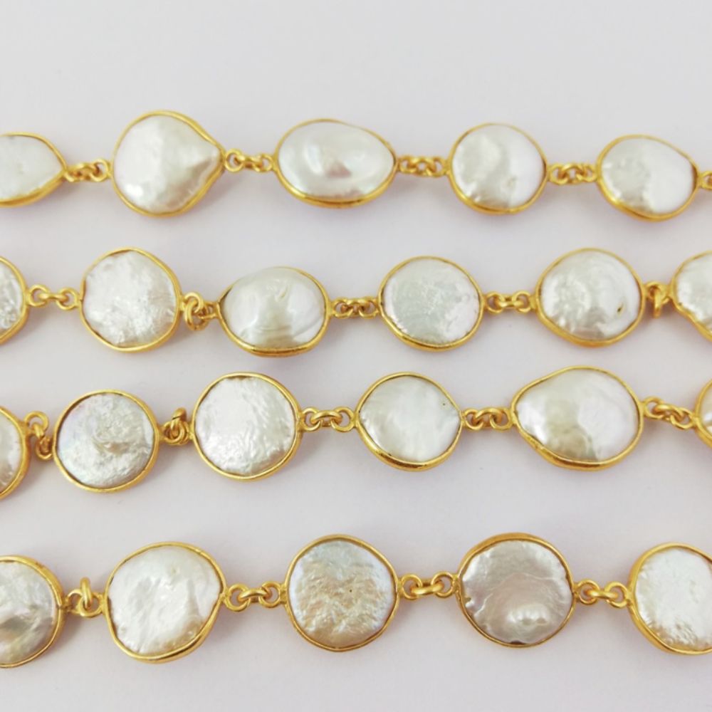 White Pearl Gemstone Chain Gold Plated Bezel Links Handmade Jewelry Supply- Selling by Foot