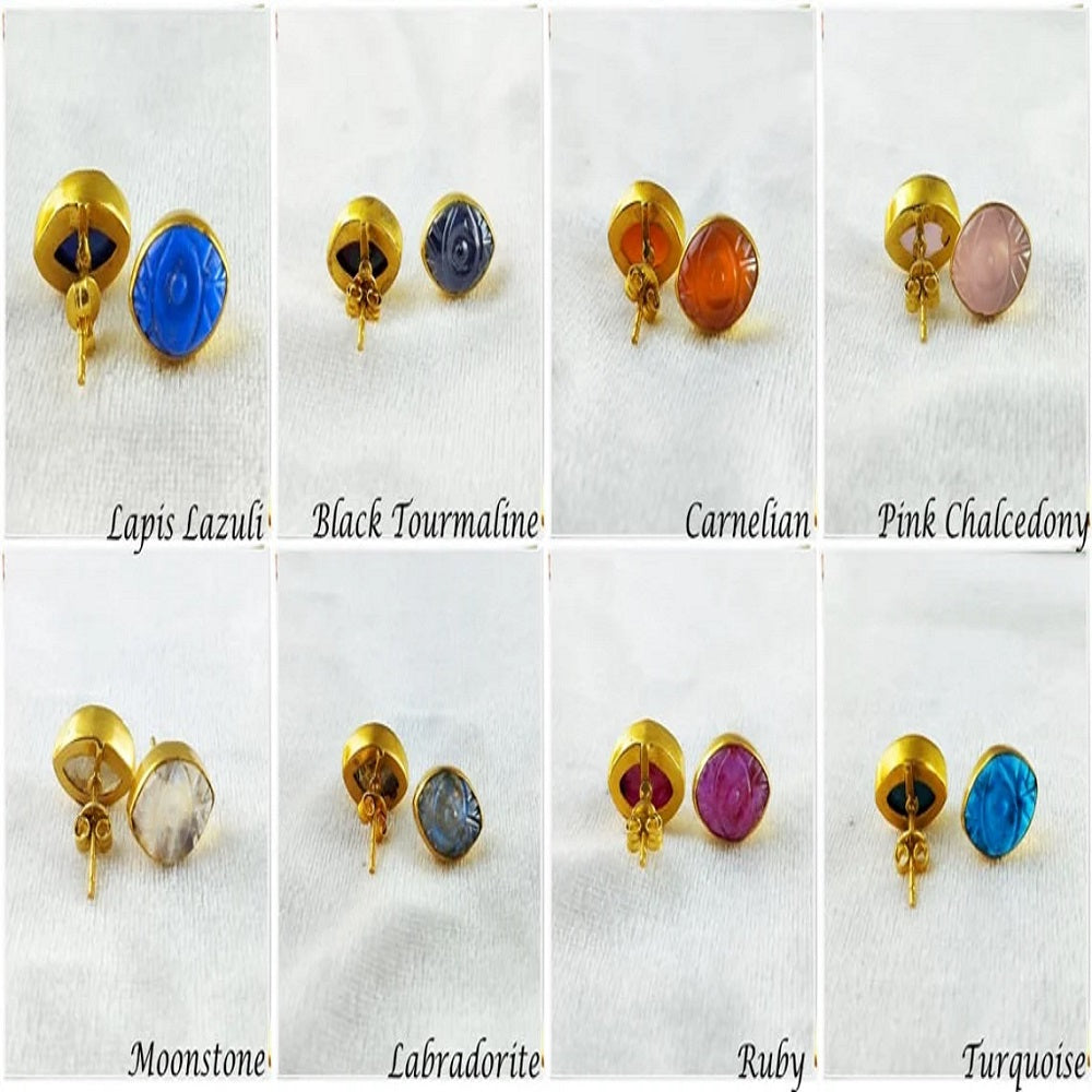 Gold Vermeil Carnelian Evil Eye Stud Earrings Marquise Shape Handmade Protection Jewelry- Selling Per Pair